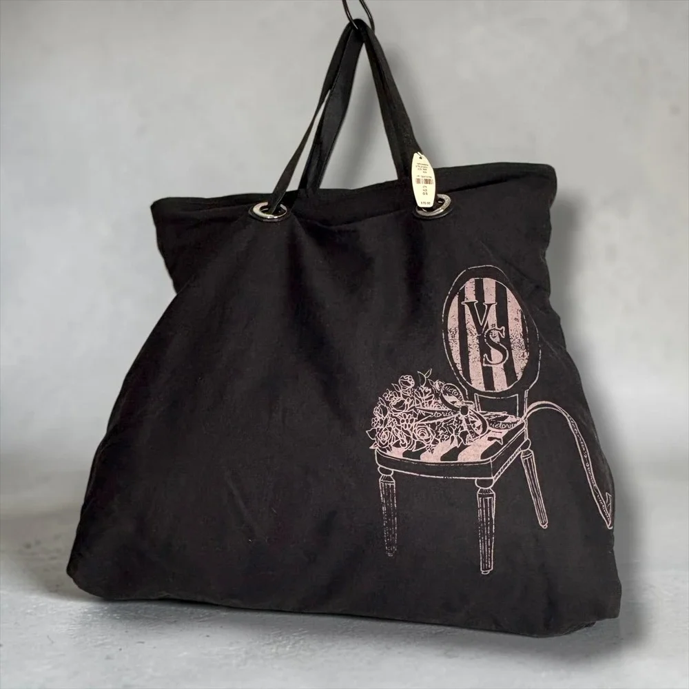 Victoria's Secret Black Canvas Tote Bag Pink Chair Graphic Oversized Shopper NEW